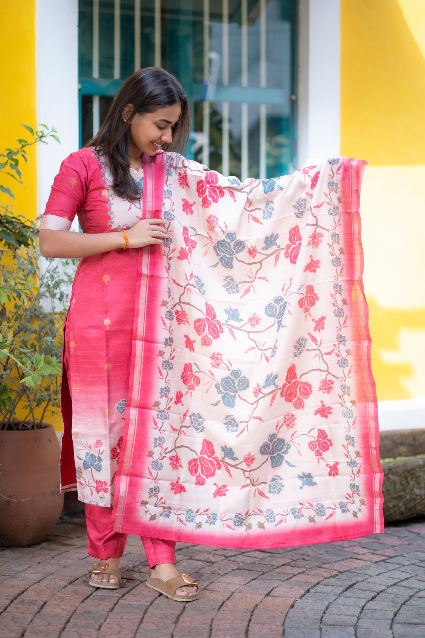 AA165 Red with Peach Floral Kollam Silk 3 Pc Set