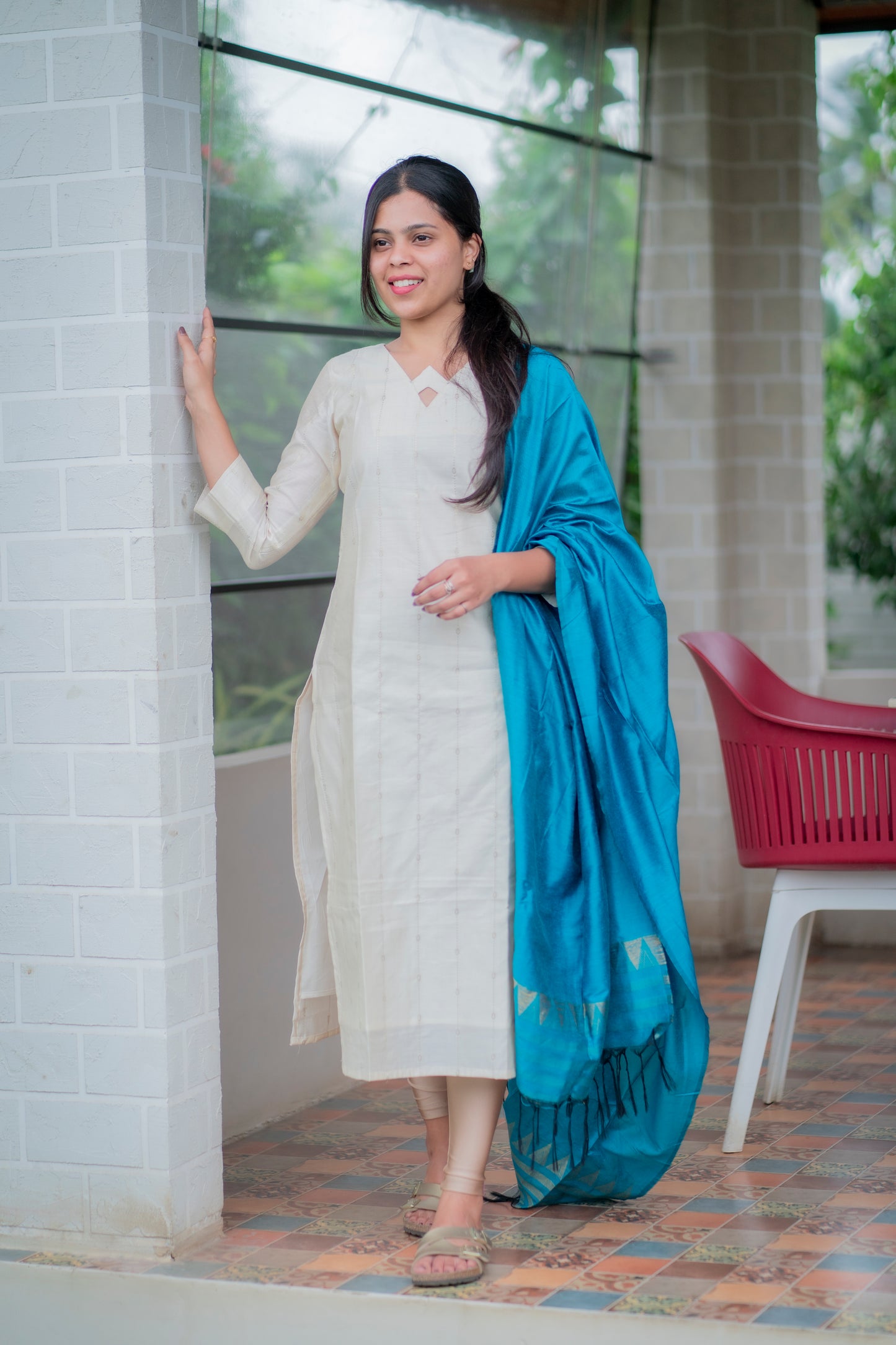 AA065 White with Golden Stripes Silk Kurti with Peacock Blue Dupatta