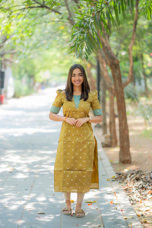 AA181A Mustard with Teal Blue Combo Shimmer Silk Kurti(Warning:Don’t Iron)