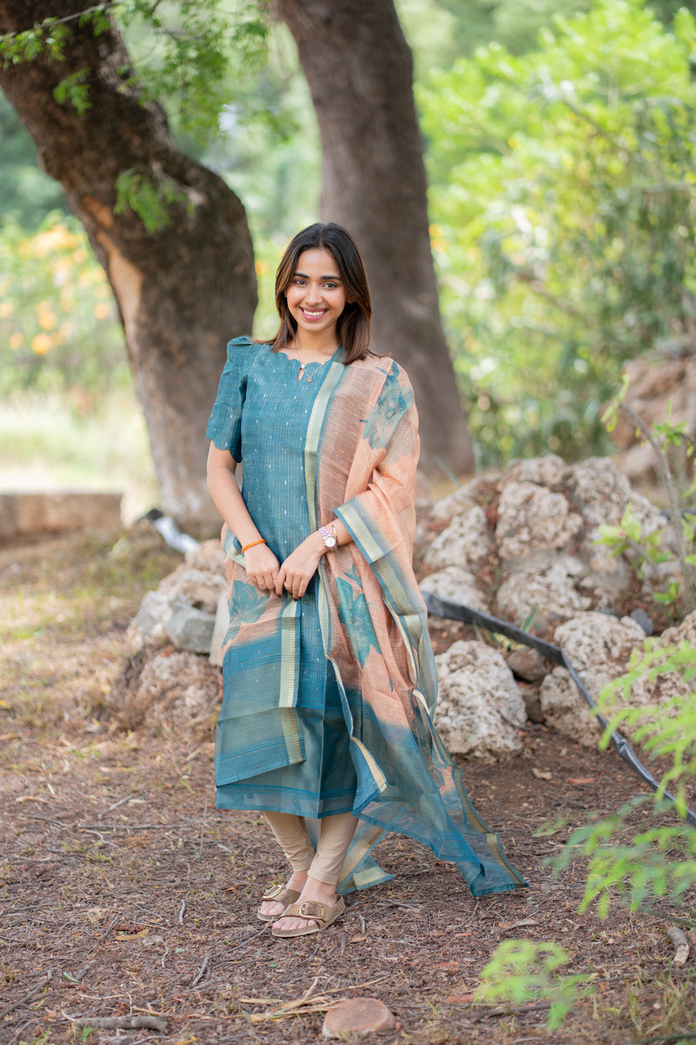 AA297 Teal Blue Chanderi Tissue Silk With Stripes & Golden Motifs Kurti with Dupatta