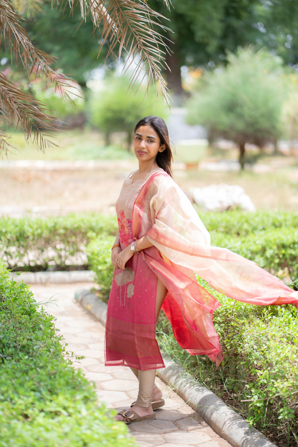 AA298 Beige with Pink Combo Floral Chanderi Tissue Silk Kurti with Dupatta