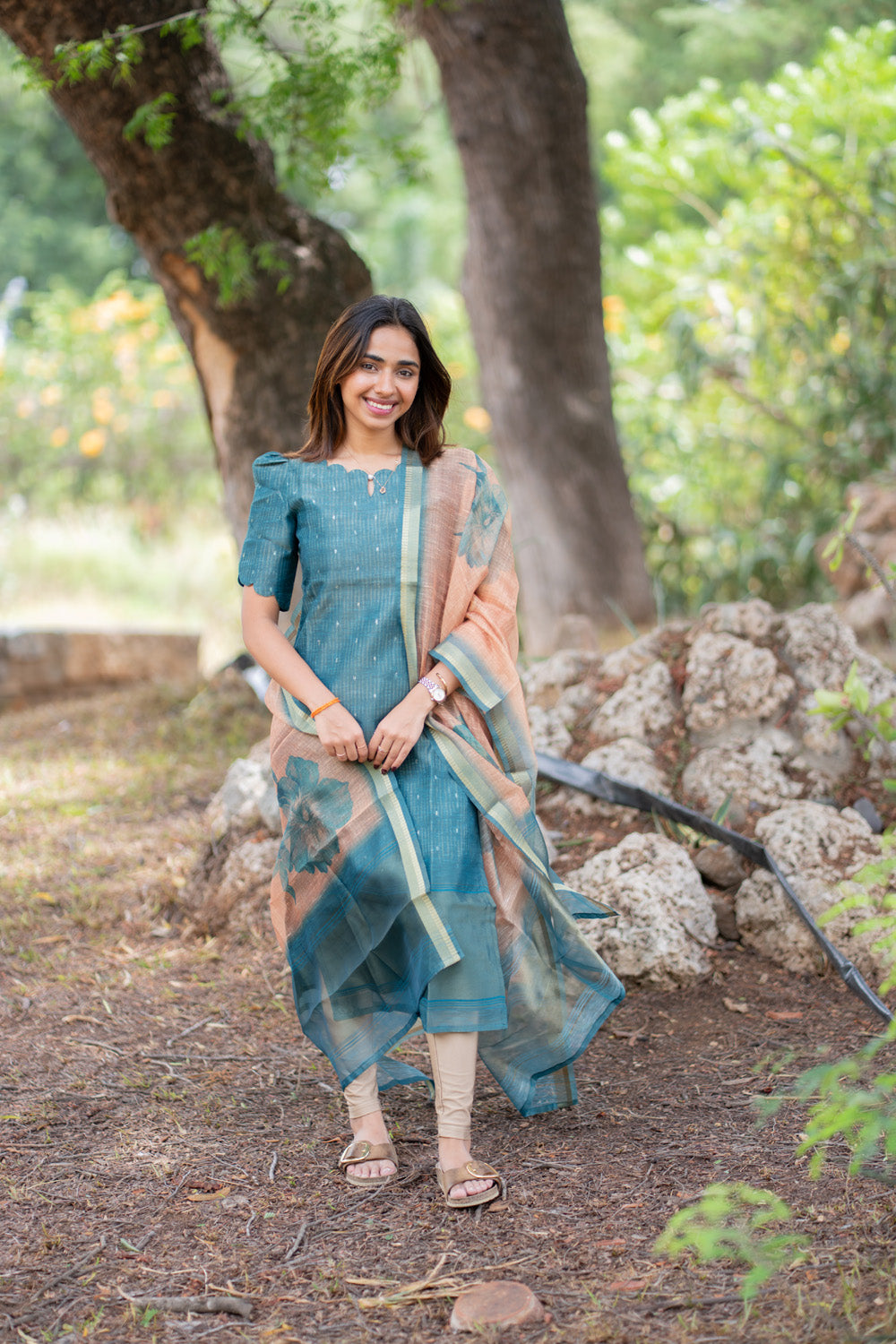 AA297 Teal Blue Chanderi Tissue Silk With Stripes & Golden Motifs Kurti with Dupatta