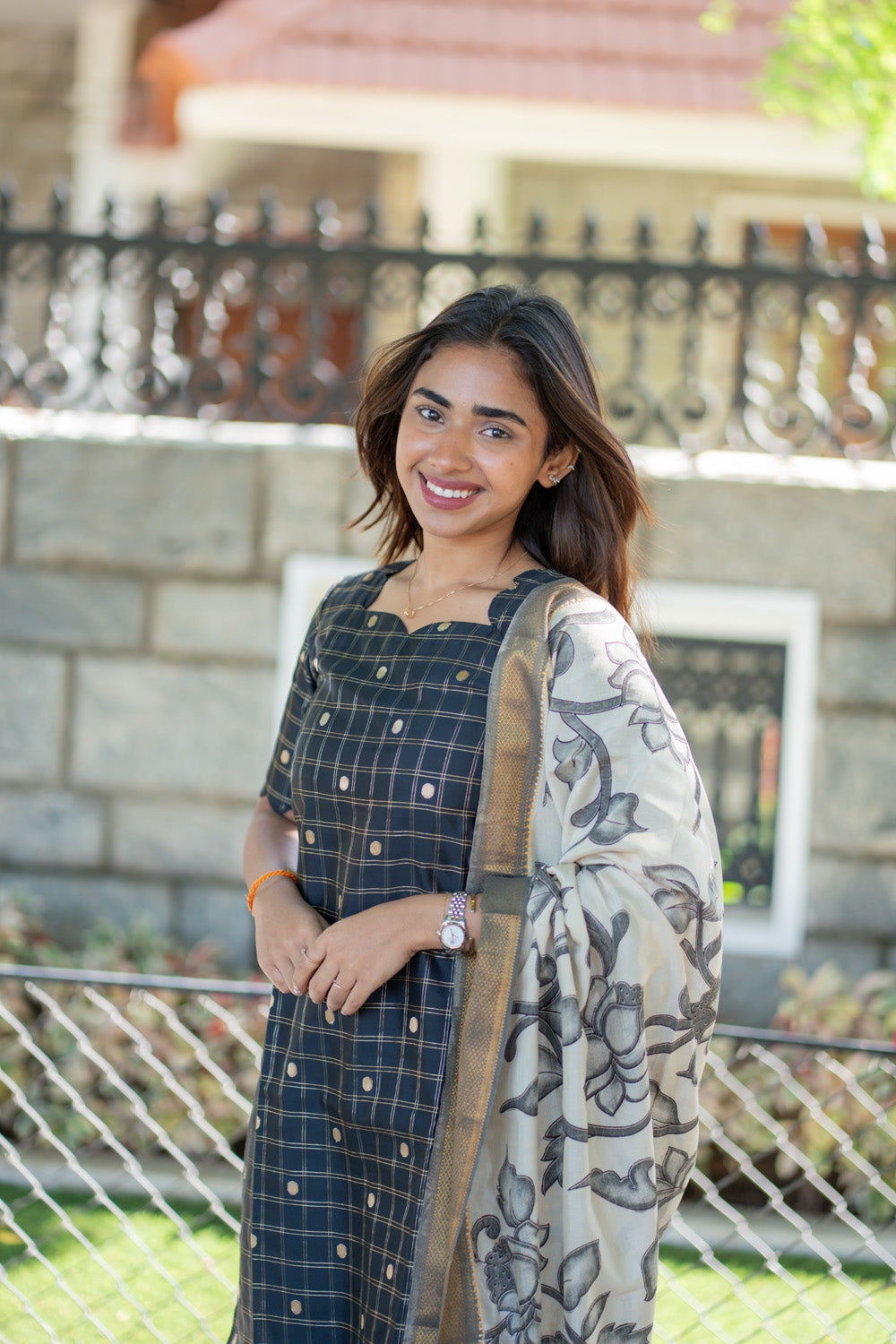 AA261 Black Checks Raw Silk Kurti with Kalmkari Dupatta