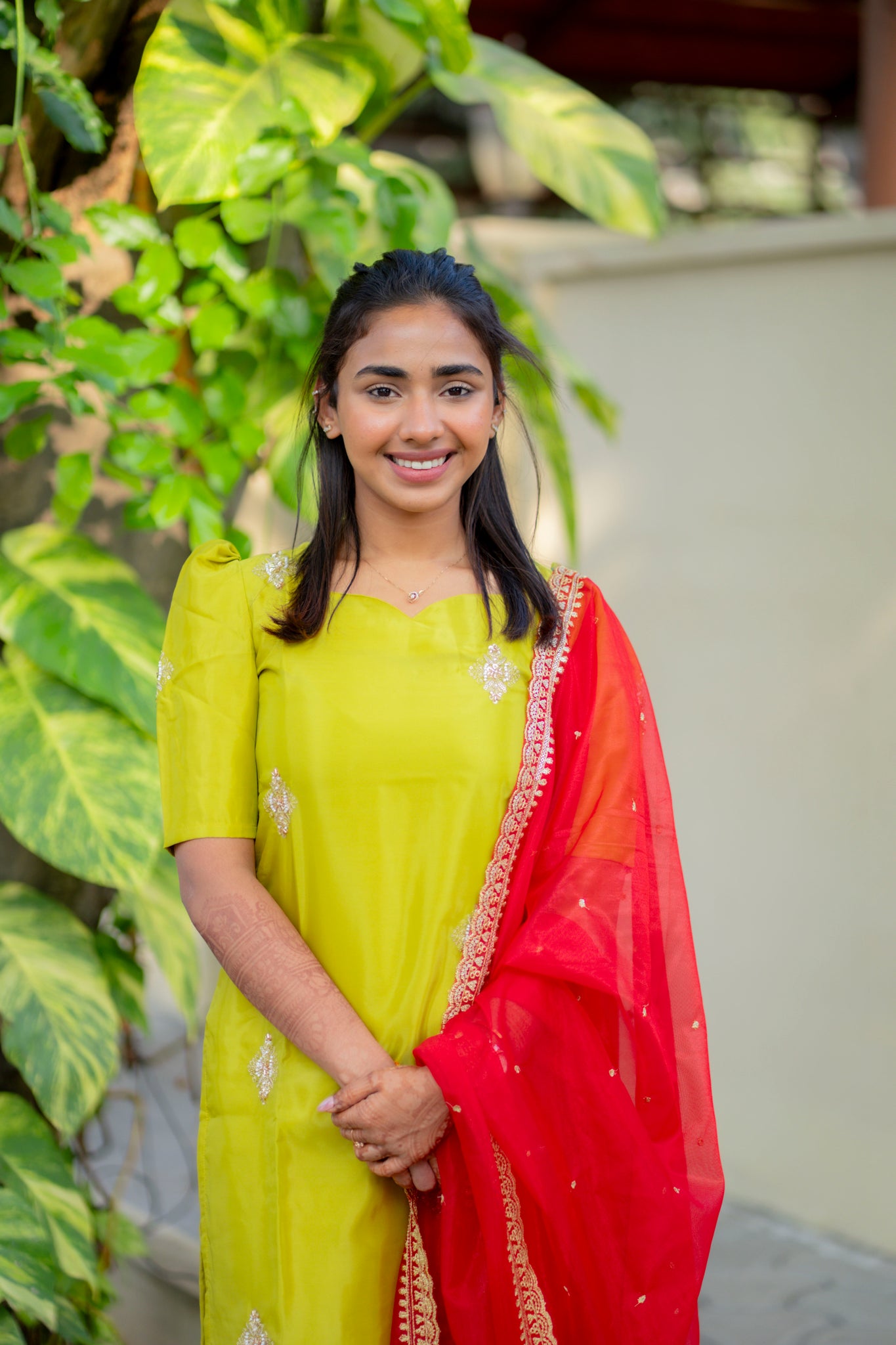 AA195 Parrot Green Glassy Organza Designer Kurti with Red Designer Dupatta