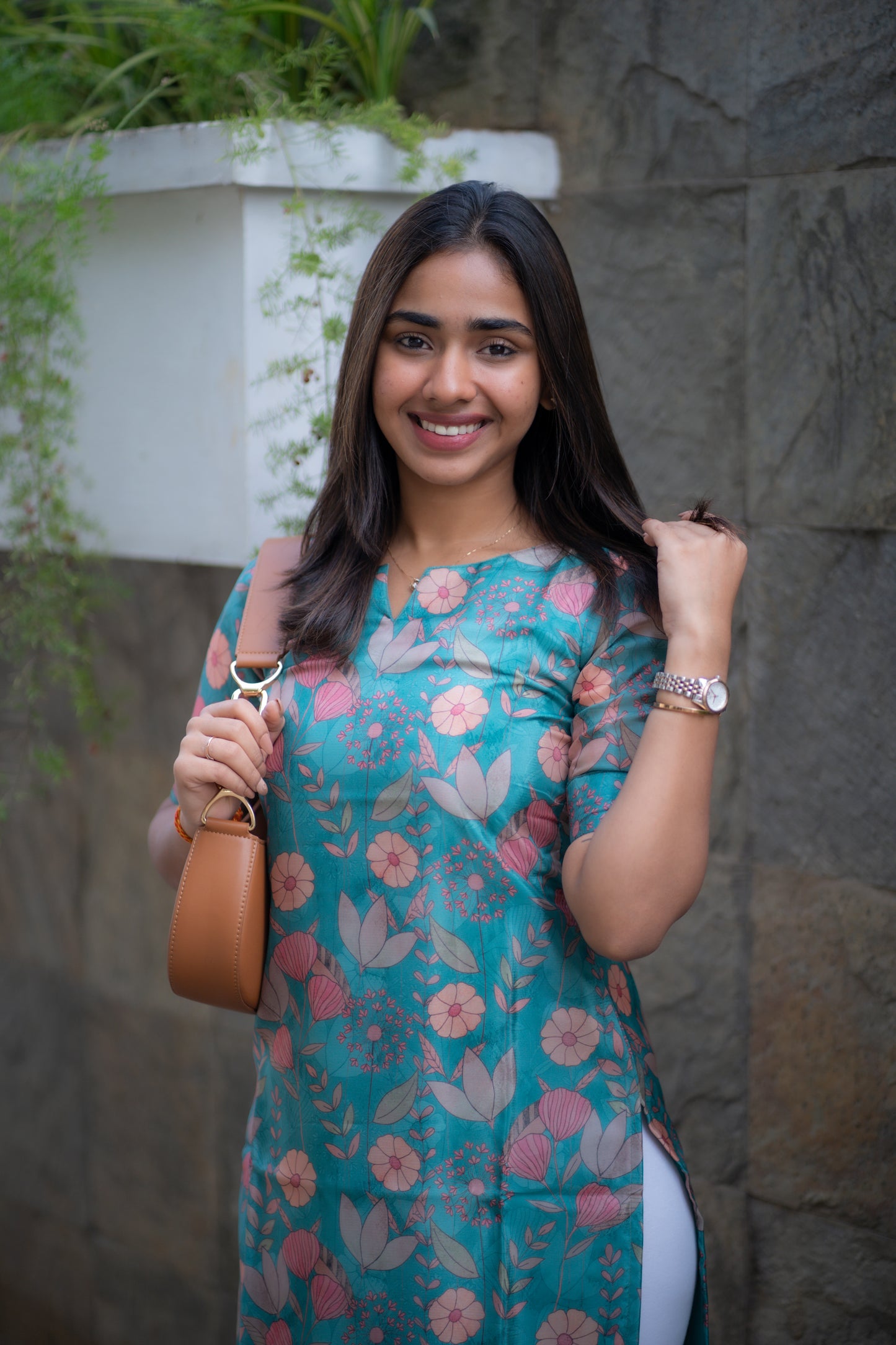 AA171 Teal Blue Glassy Organza Floral Kurti