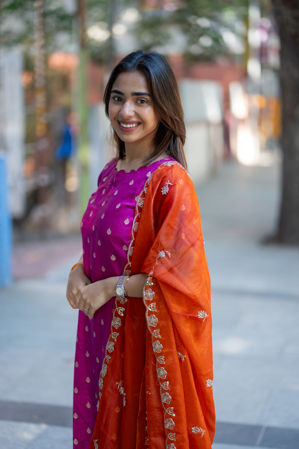 AA264 Pink Banarasi Silk Kurti with Rust Orange Silk Dupatta