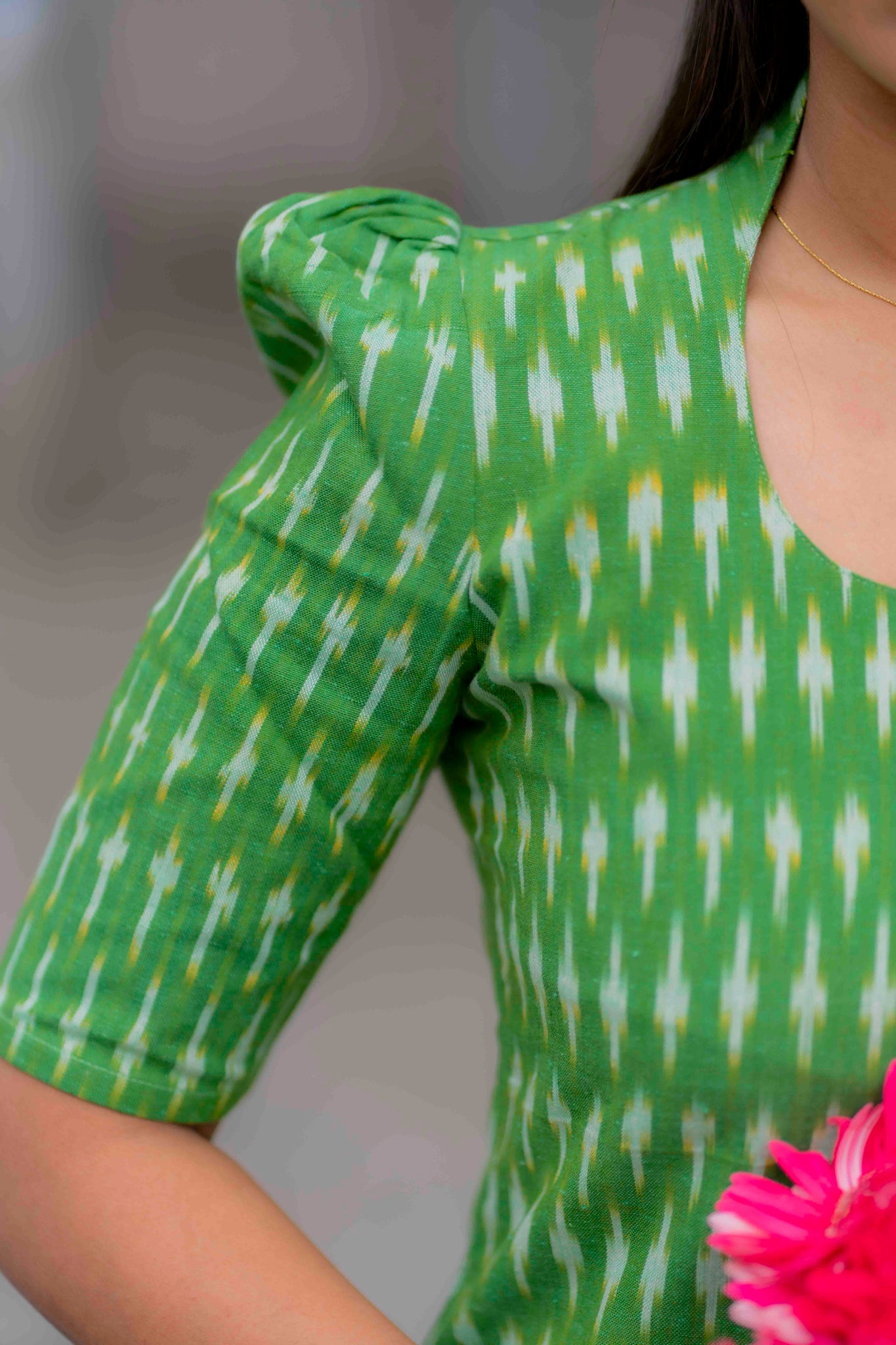 AA201 Green Ikkat Cotton Kurti with Kalmkari Dupatta
