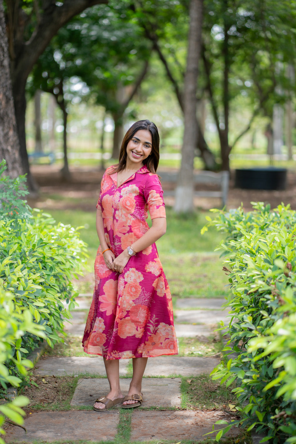 AA294 Magenta Pink Floral Chiniya Silk Aline Dress