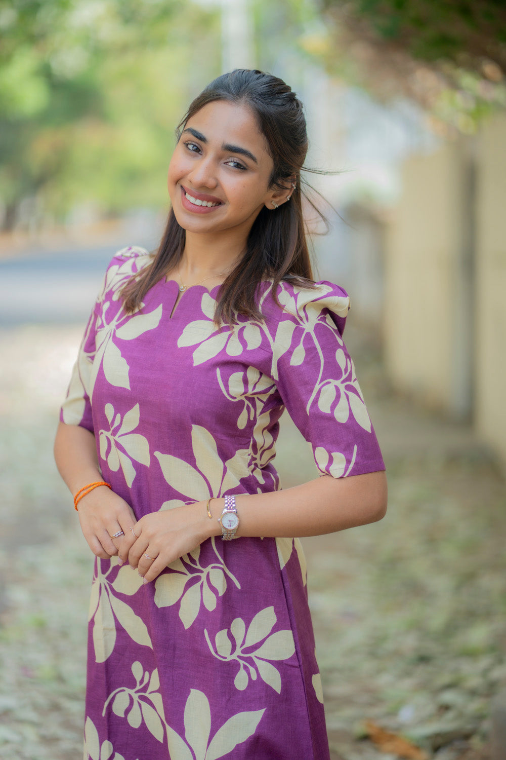 AA236 Purple Floral Cotton Aline Dress