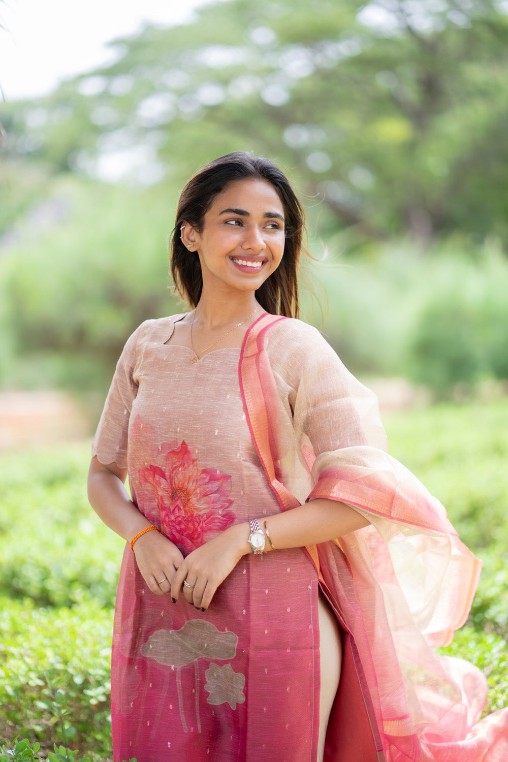 AA298 Beige with Pink Combo Floral Chanderi Tissue Silk Kurti with Dupatta