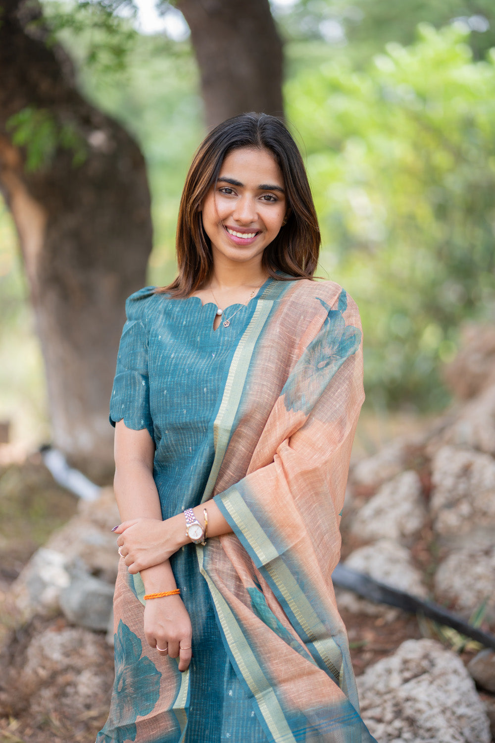 AA297 Teal Blue Chanderi Tissue Silk With Stripes & Golden Motifs Kurti with Dupatta