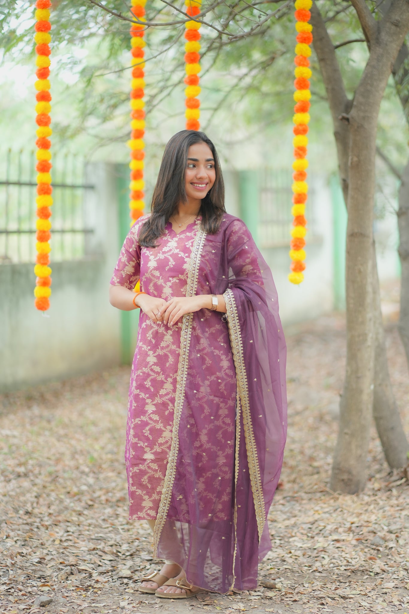 AA162  Wine with Golden Floral Zari Weaving Tissue Silk Kurti with Organza Sequence Dupatta