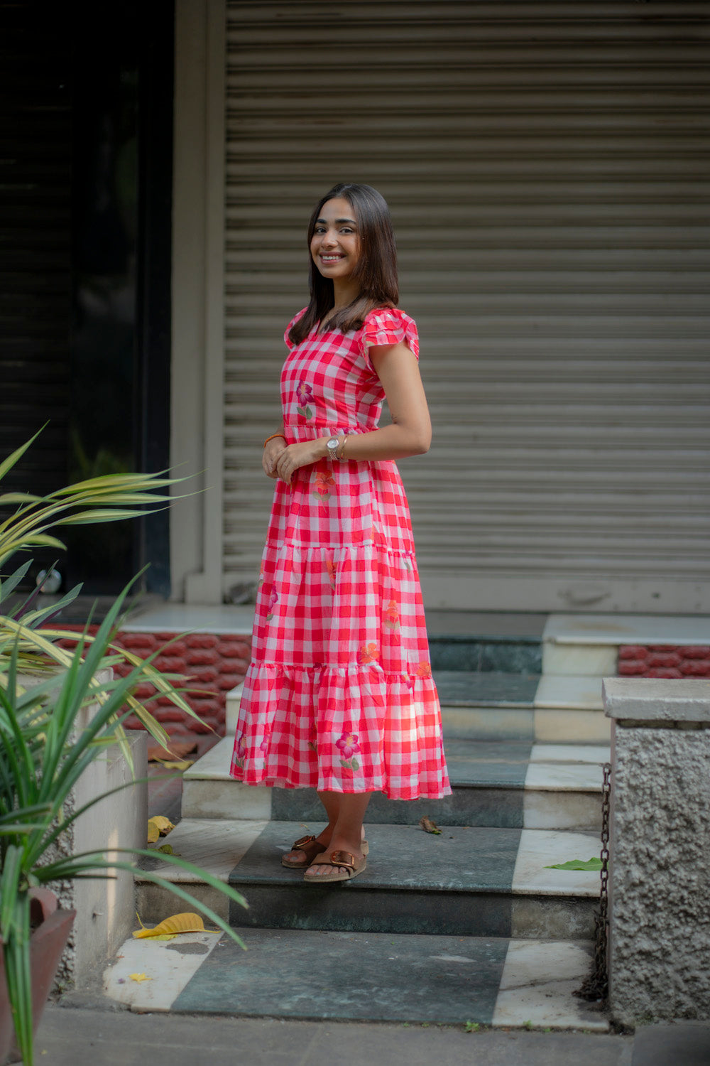 AA231 Red Checks floral Cotton Maxi