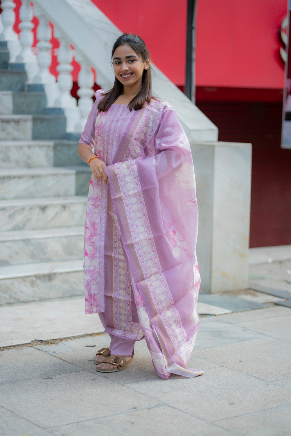 AA235 Lavender Floral Tussar Silk 3 Pc Set
