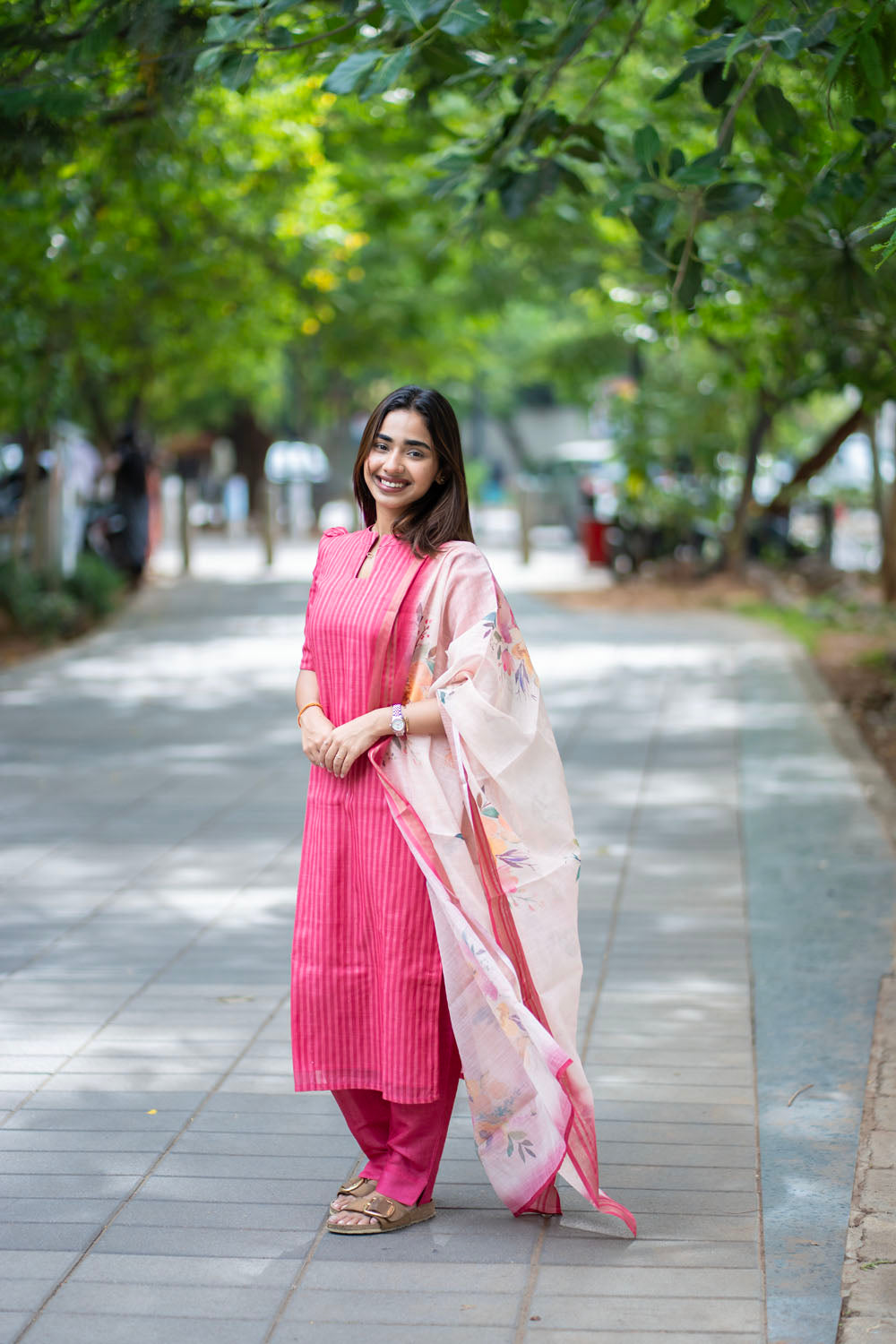 AA256 Red Linen Silk with Floral Dupatta Salwar Set