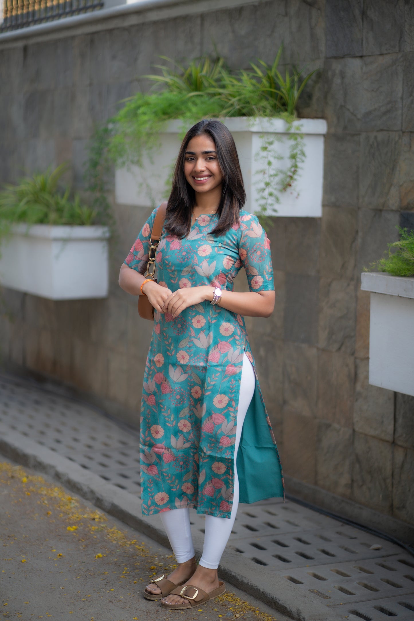 AA171 Teal Blue Glassy Organza Floral Kurti