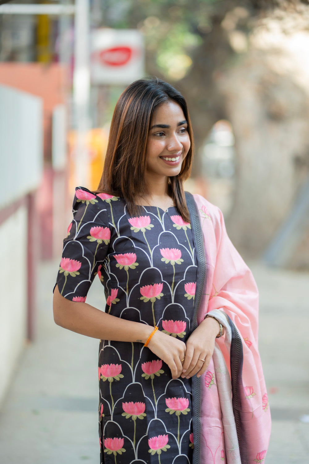 AA275 Black With Pink Lotus Kollam Silk Salwar set