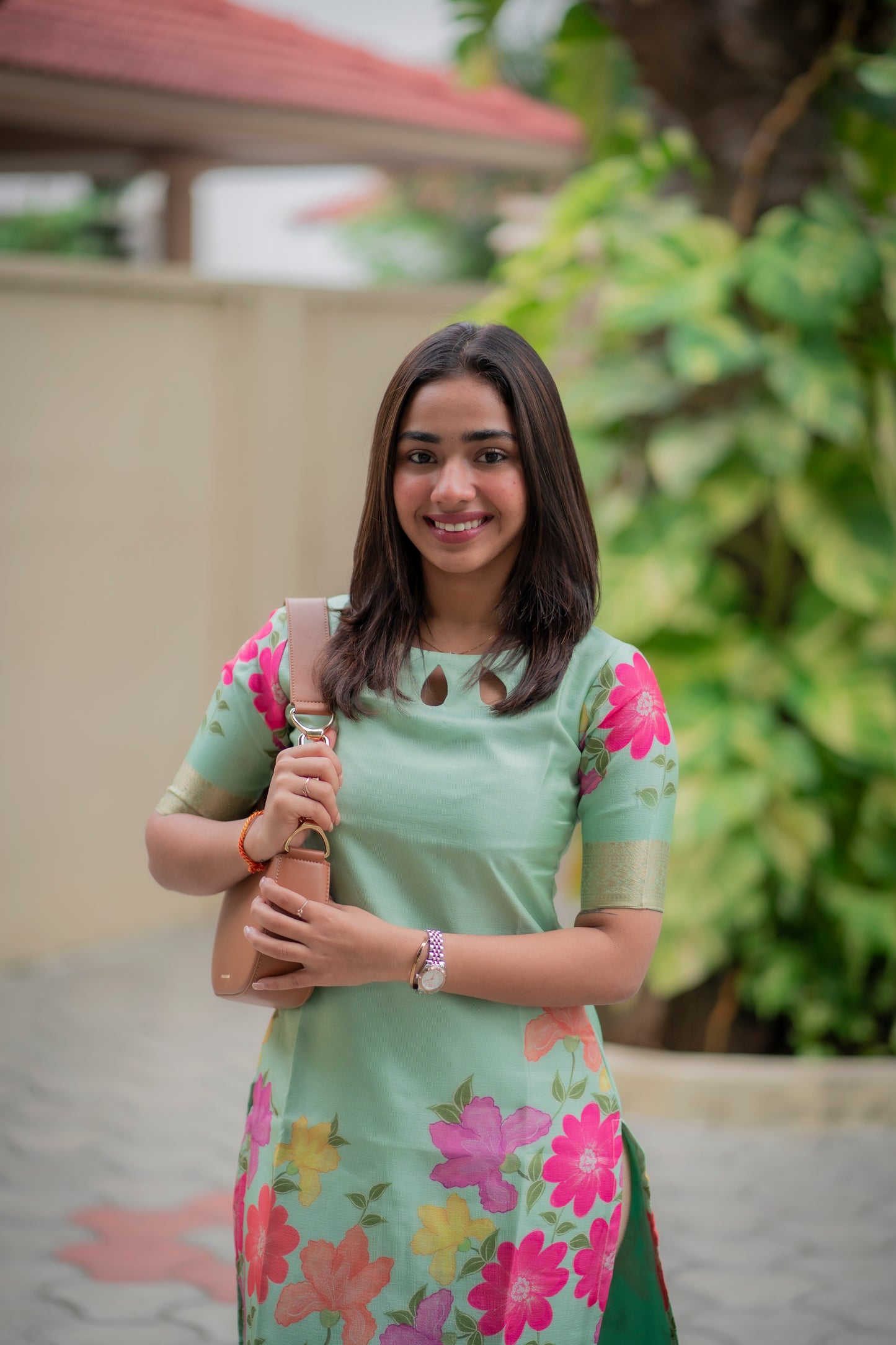 AA154 Pastel Green Floral Tissue Silk Kurti
