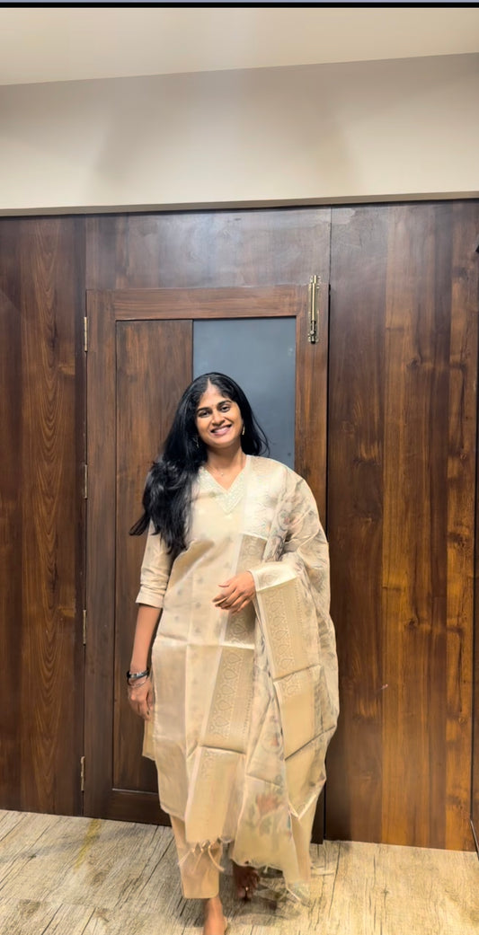 Beige Colour Organza Silk 3 Pc Set