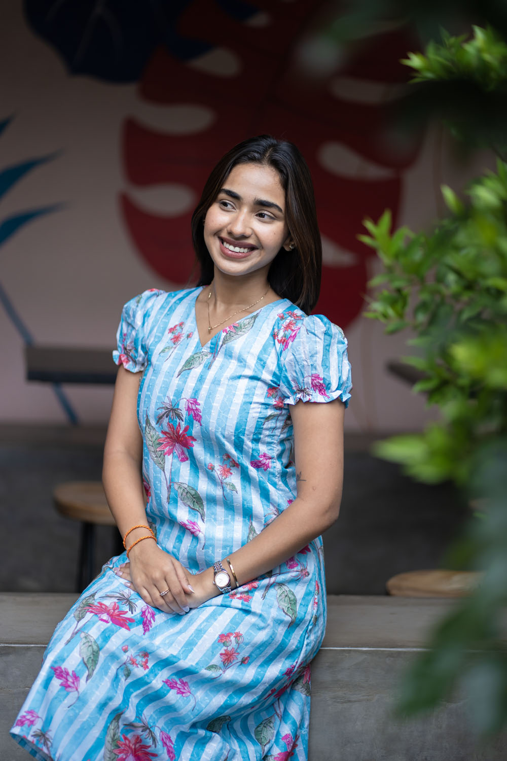 AA257 Blue with White Stripes Cambric Hakoba Floral Aline Kurti