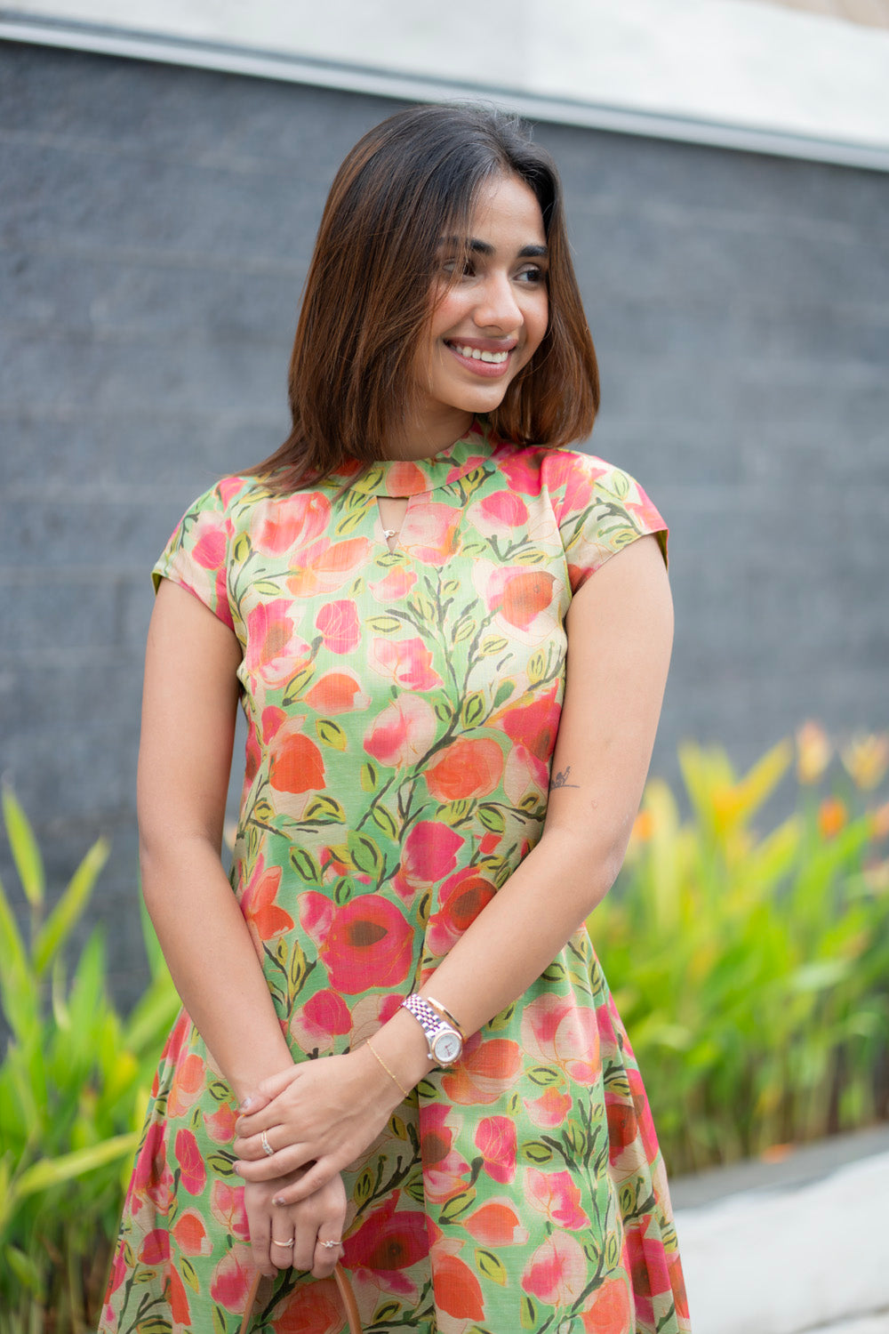 AA283  Green With Pink Floral Shimmer Silk Aline Kurti