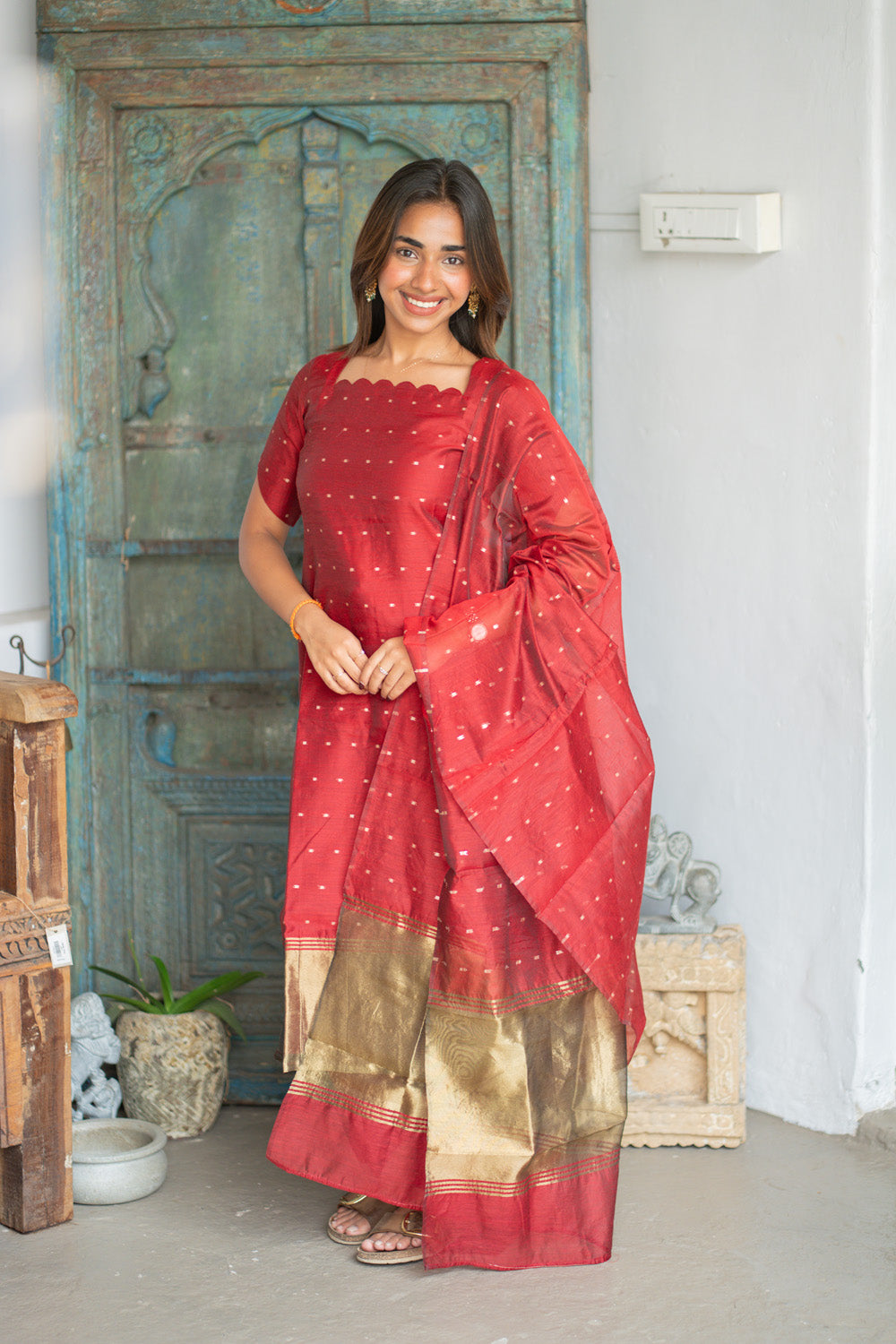 AA304 Plum Red Chanderi Silk Salwar Set with Scallop Neck (Rich & Classy Outfit with Golden Border & Golden Motifs)