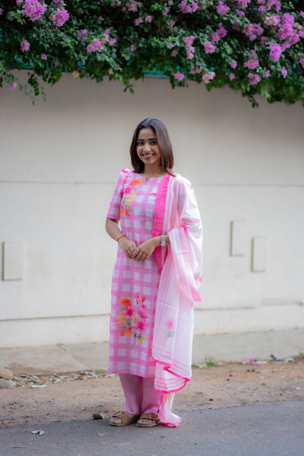 AA245 Pink Checks Floral Cambric Cotton 3 Pc Set