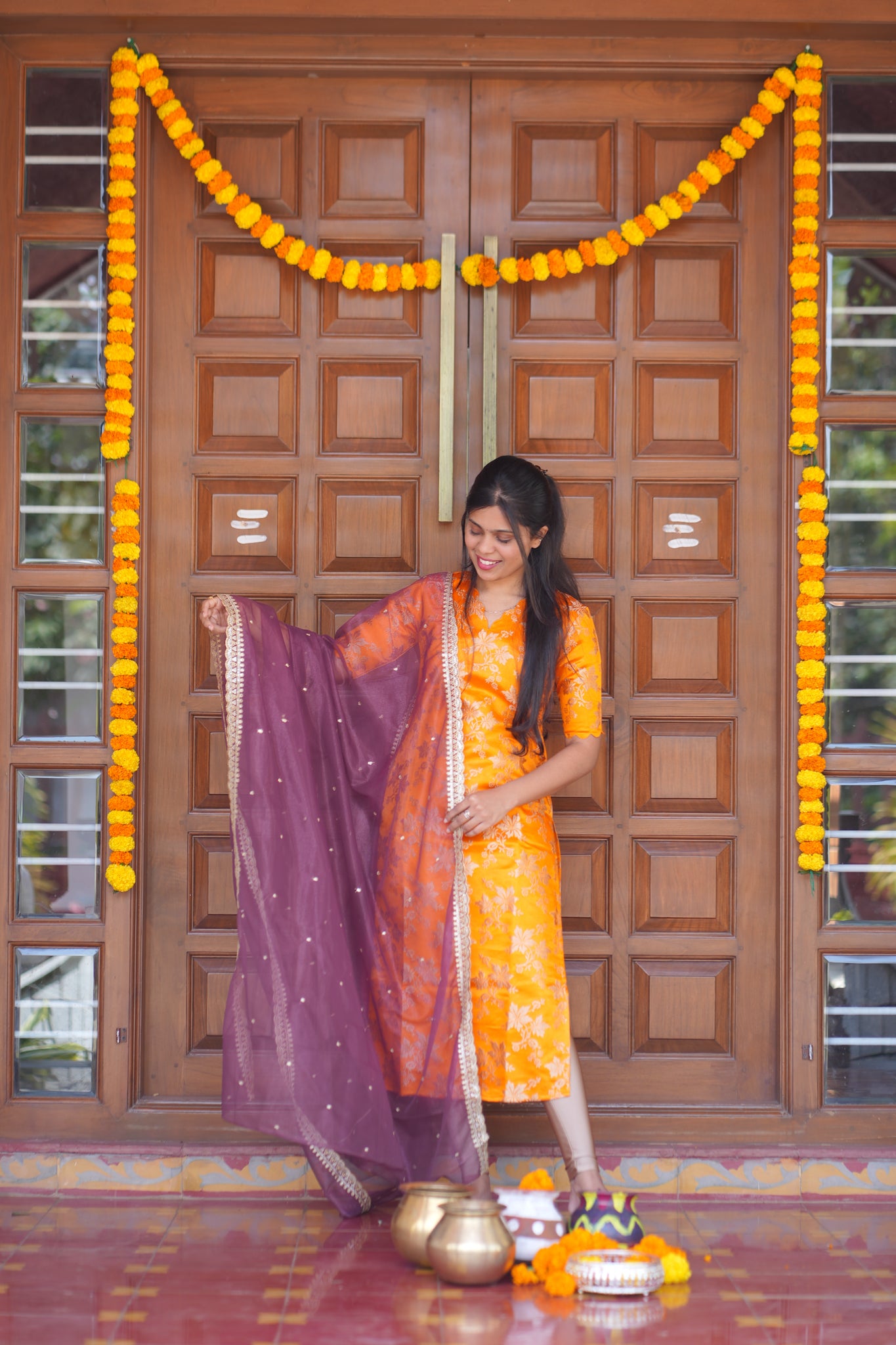 AA152 Dark Orange Brocade Silk Kurti with Wine Organza Sequence Dupatta
