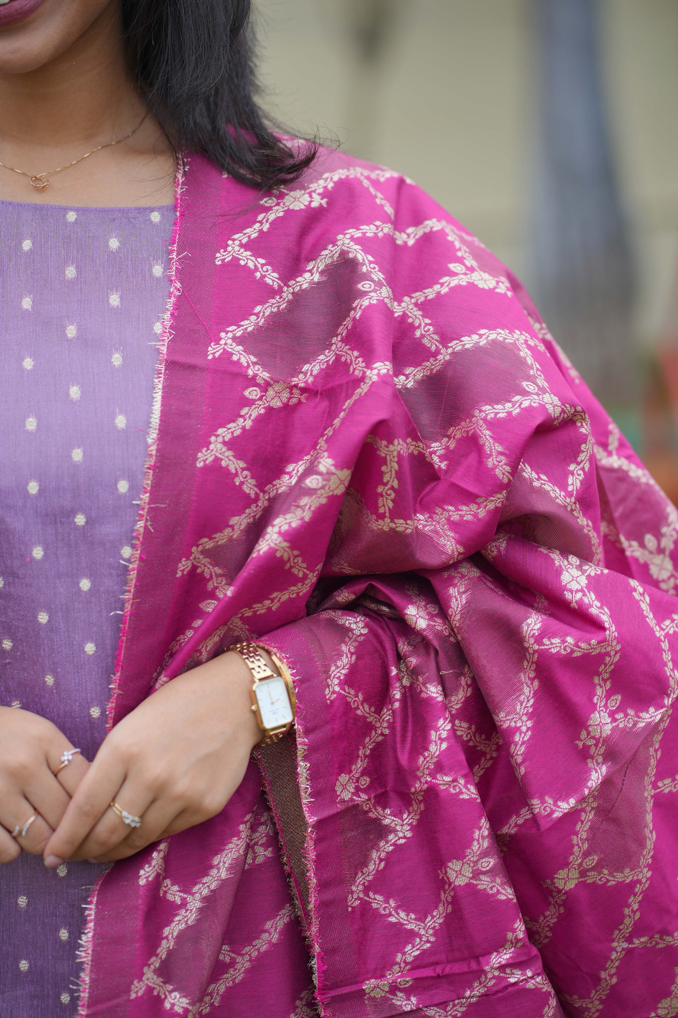AA112 Lavender Raw Silk Kurti with Pink Brocade Dupatta