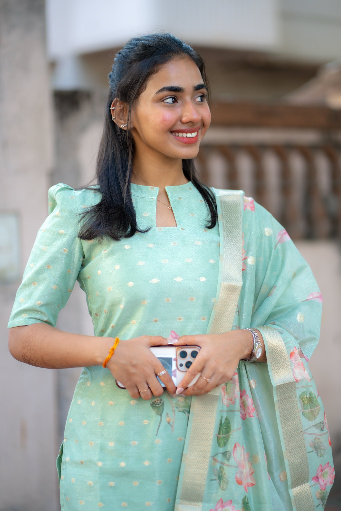 AA139 Green Lotus Shimmer Silk with Banarasi Weaving 3 Pc Set