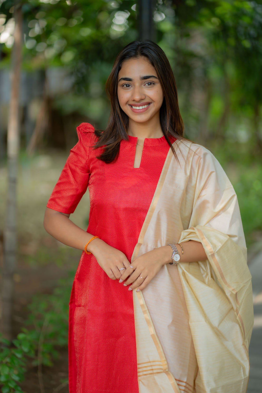 AA244 Red Checks Tissue Silk Kurti with Golden Dupatta