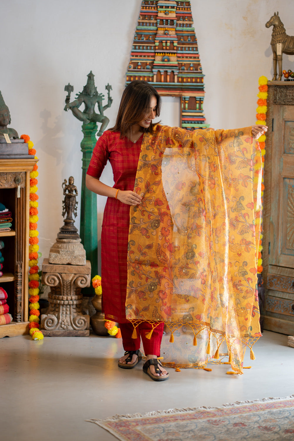 AA308 Red Triple Checks Pure Raw Silk Kurti & pant with Yellow Crush silk Organza Dupatta with Mirror work & floral Penkalamkari prints