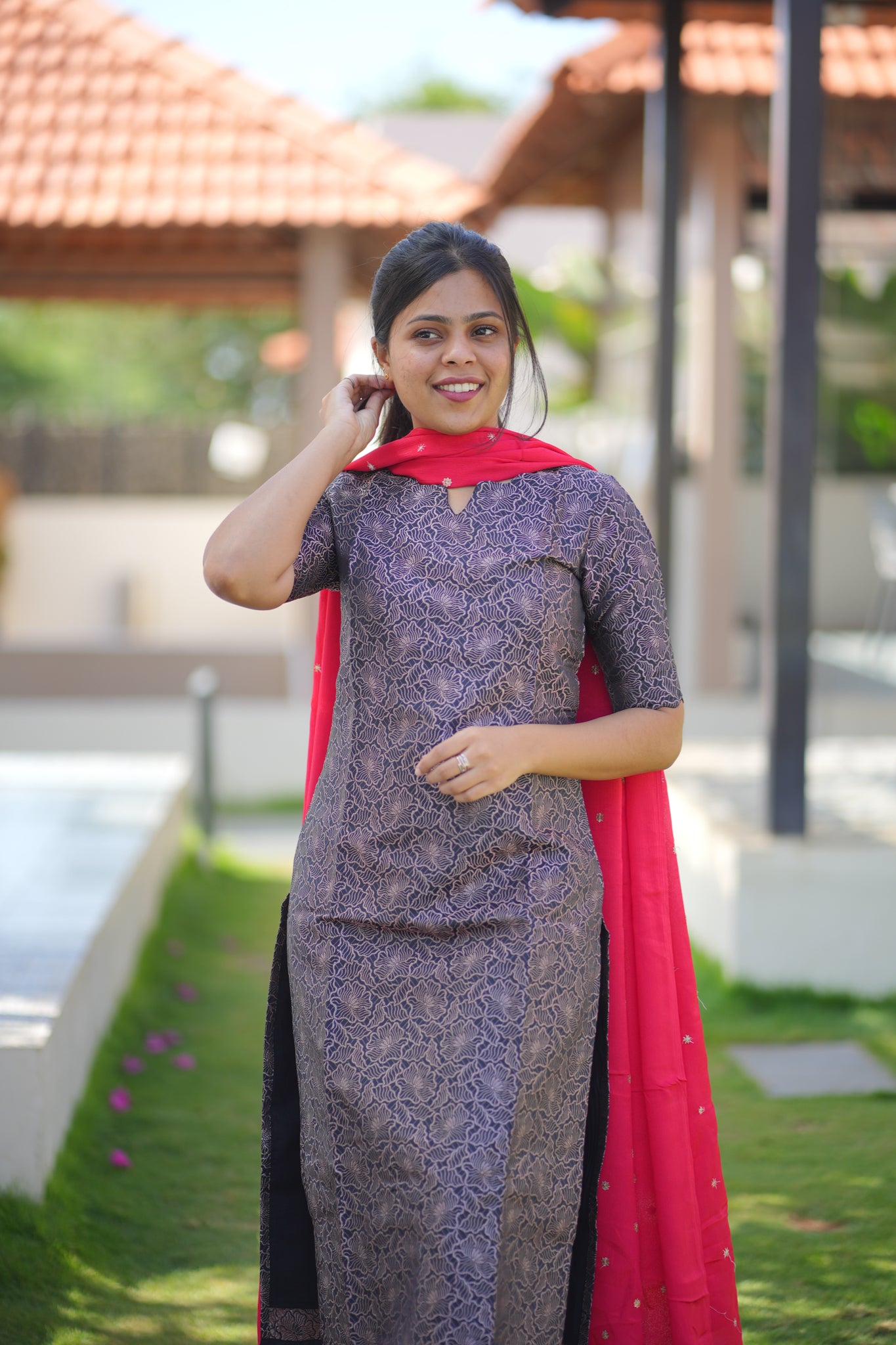 AA105 Black Art Silk Kurti with Red Golden motifs Shimmer Dupatta (Function Wear)