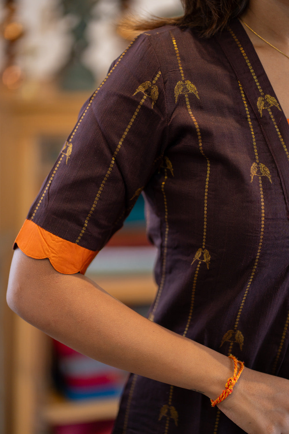 Brown Parrot Print Raw Silk Kurti & Pant  with Orange Jacquard  Silk Dupatta (Neck & Sleeve Patched with Orange Silk Fabric)