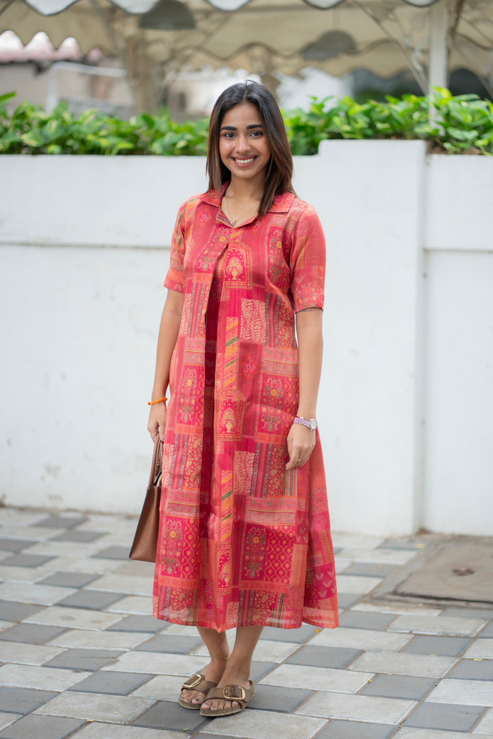 AA288 Coral Red with Multi Prints Shimmer Silk Aline Kurti