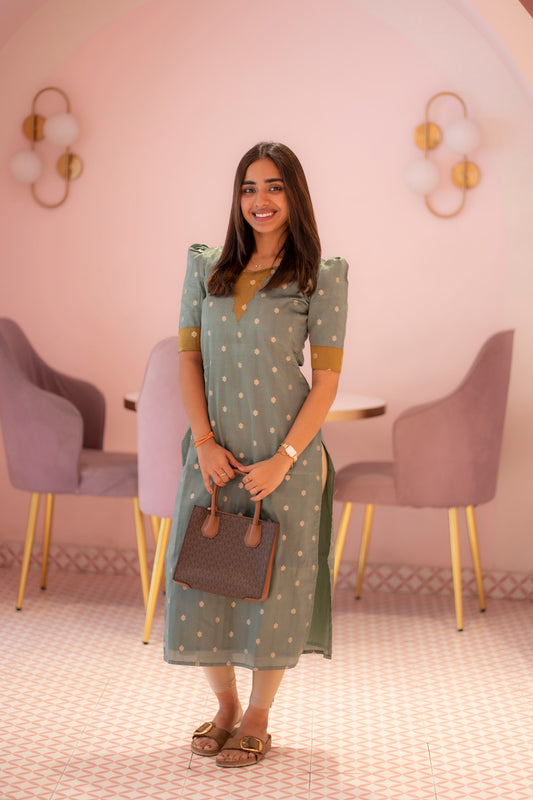 AA180A Teal Blue With Mustard Combo Shimmer Silk Kurti (warning :Don’t Iron)