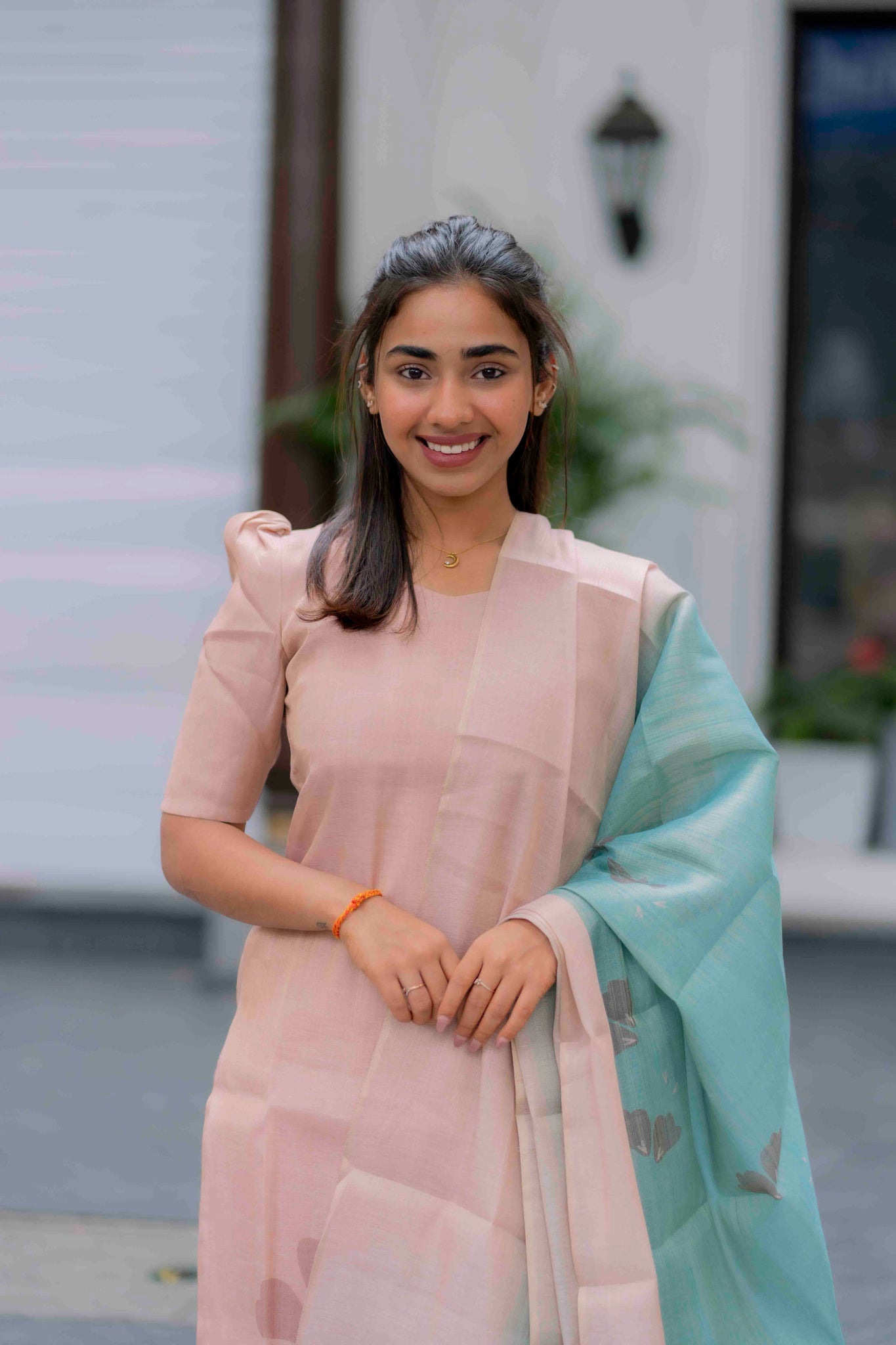 AA200 Cream Beige with Blue Combo Tissue Silk 3 Pc Set