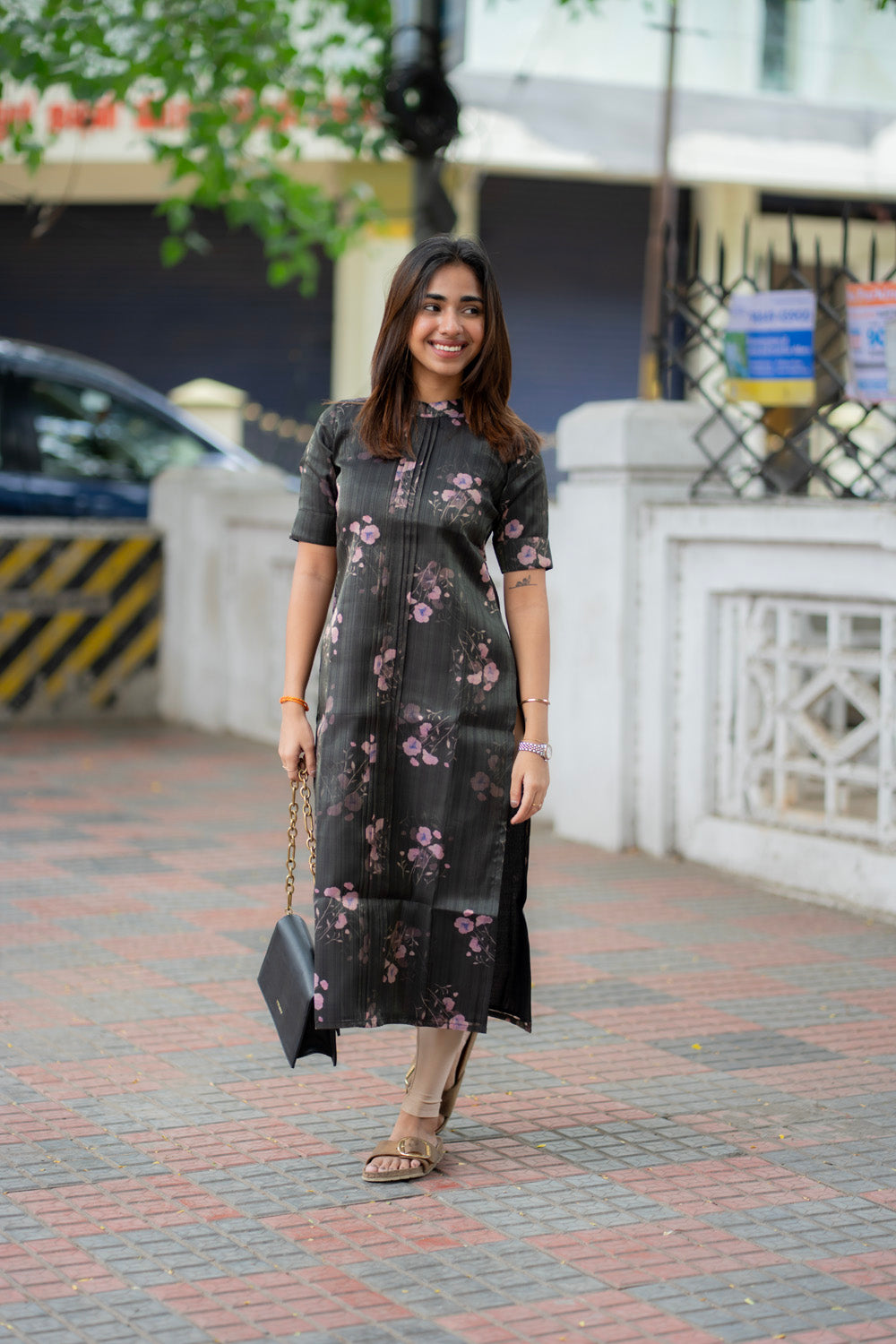 AA287 Black with Lavender Floral Shimmer Silk Kurti