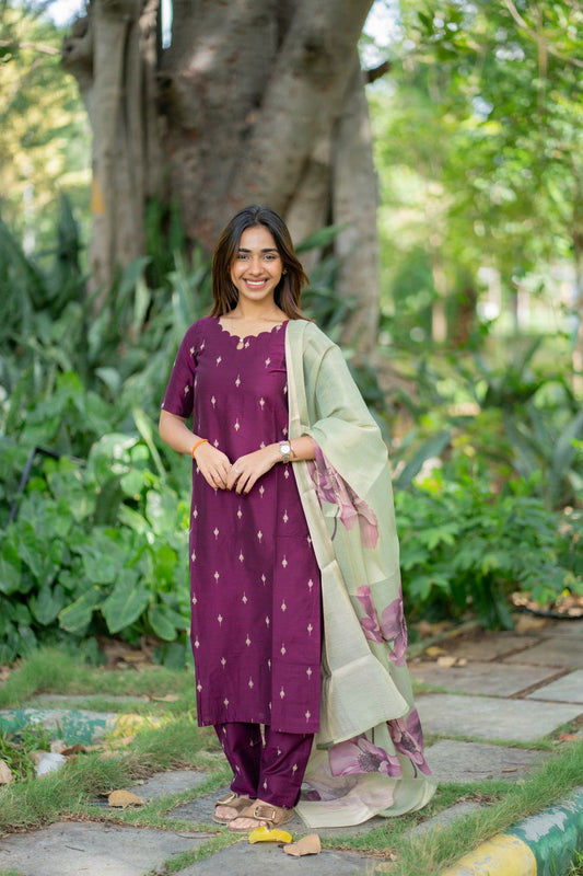 AA291 Wine Purple Raw Silk Top & Pant With pastel Green Tissue Silk Floral Dupatta