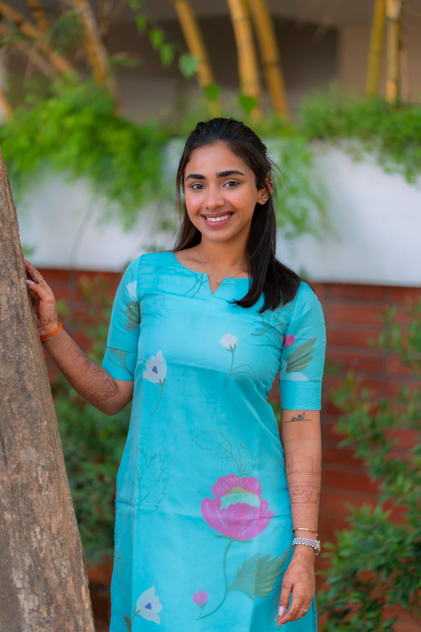 AA194 Blue Floral Organza Kurti