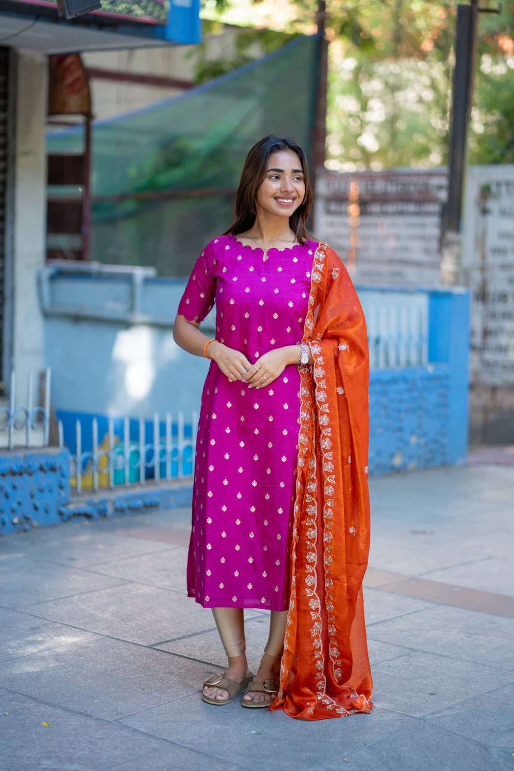 AA264 Pink Banarasi Silk Kurti with Rust Orange Silk Dupatta