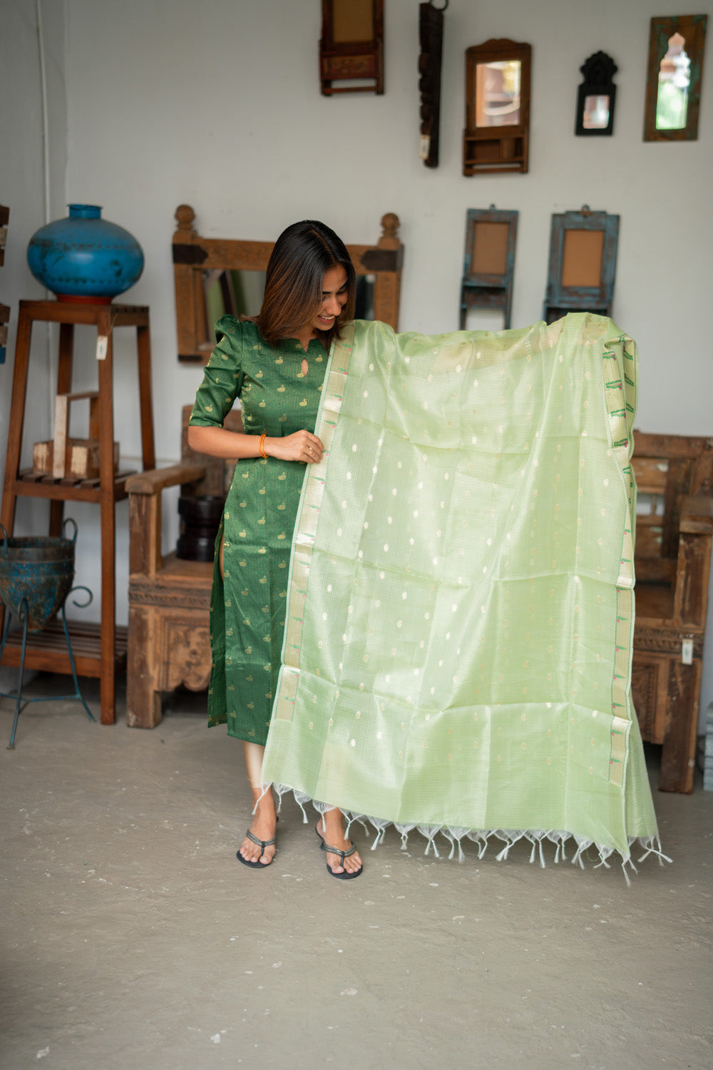 AA311 Bottle Green Checks Swan Print Tissue Silk Kurti with Light green Checks Paithani Border Tissue Silk Dupatta