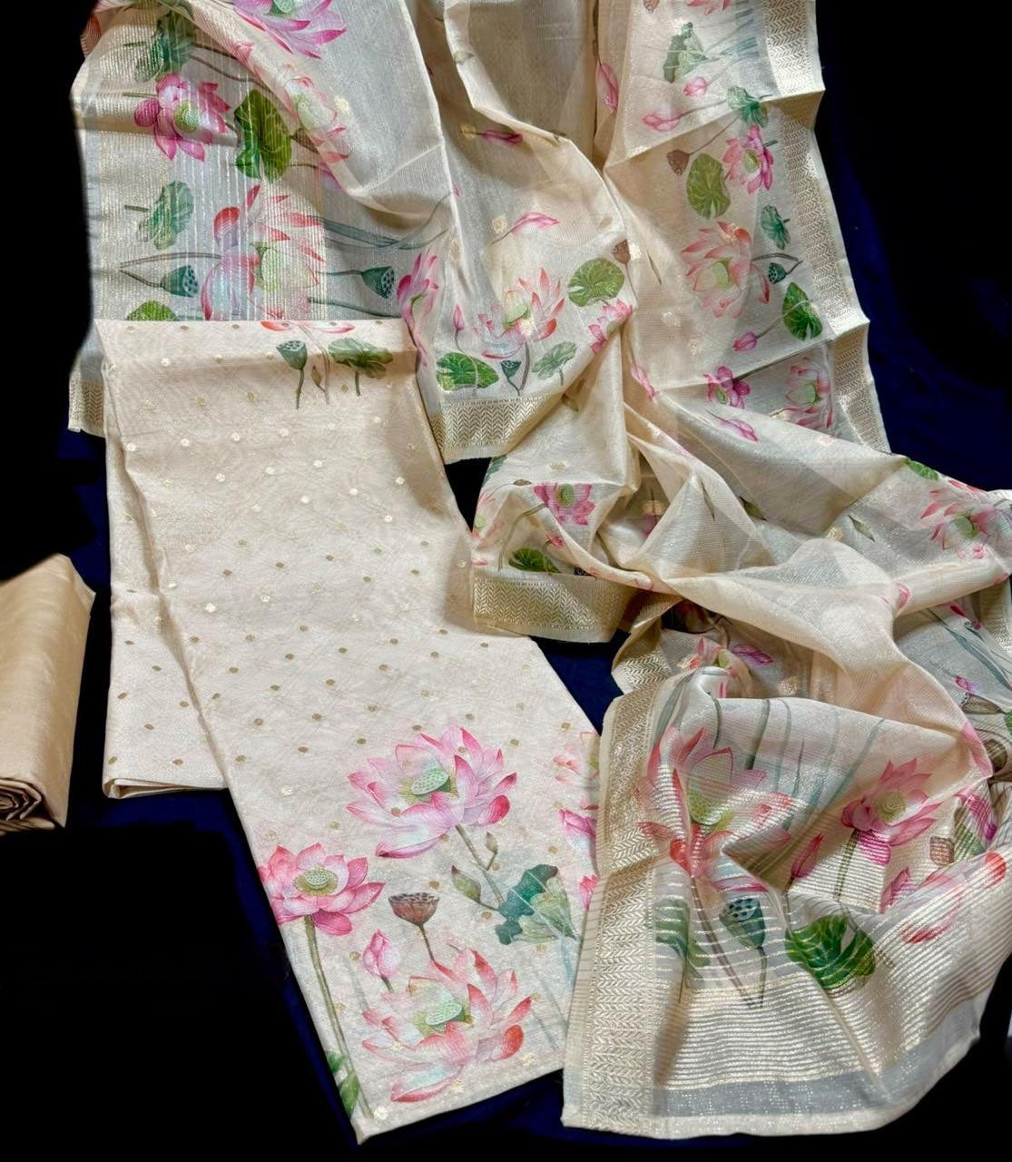 Beige Lotus print semi Silk with Banarasi weaving