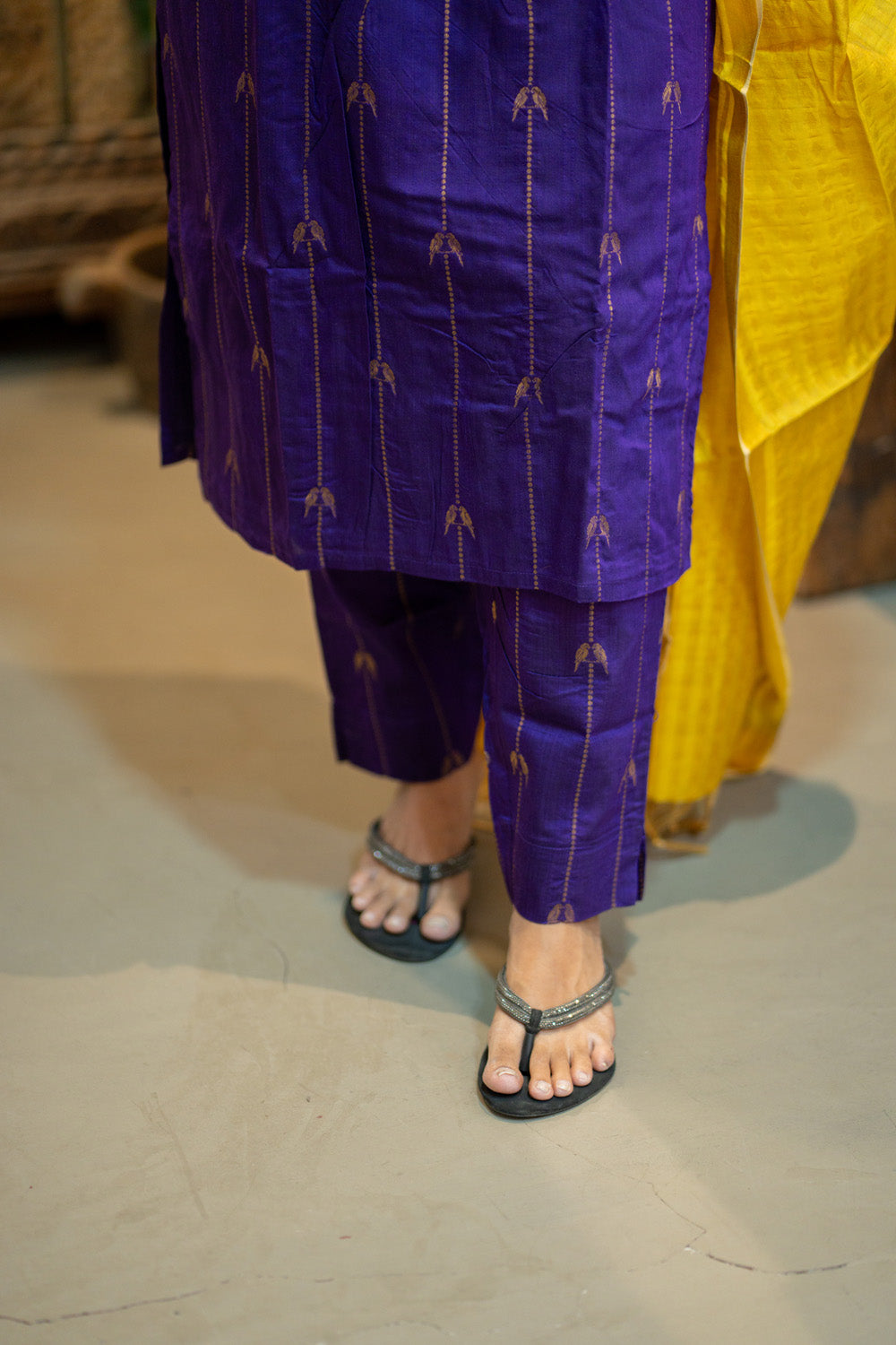 AA309 Violet Parrot Print Raw Silk Kurti & Pant  with Yellow Silk Dupatta (Neck & Sleeve Patched with Yellow Silk Fabric)