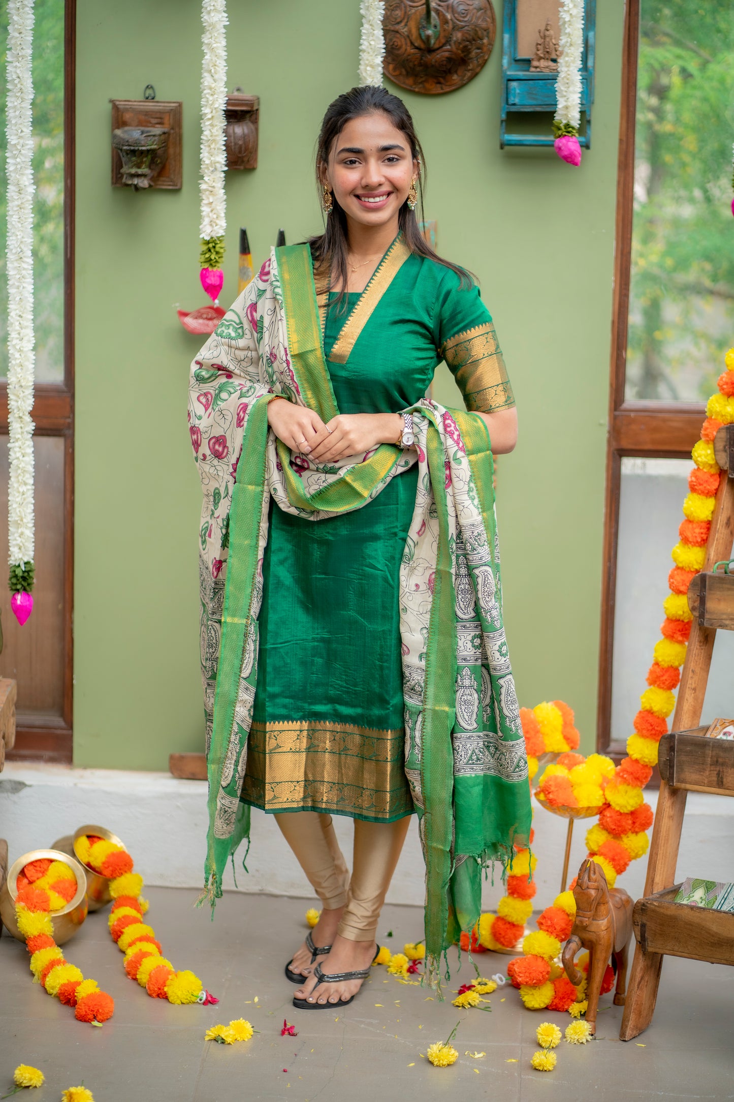 AA150 Dark Green Pure Mangalagiri Silk Kurti with kalamkari Dupatta