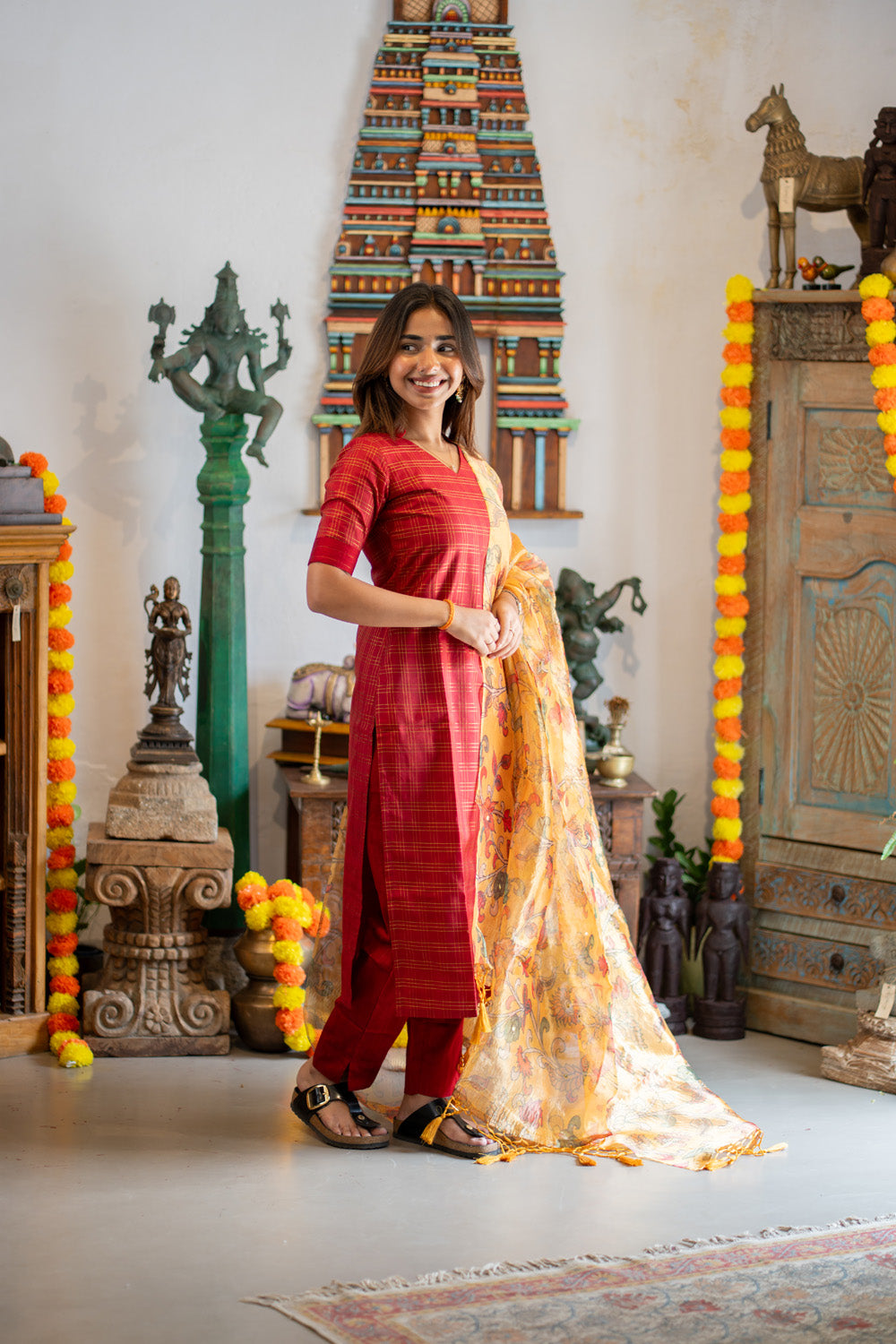 AA308 Red Triple Checks Pure Raw Silk Kurti & pant with Yellow Crush silk Organza Dupatta with Mirror work & floral Penkalamkari prints