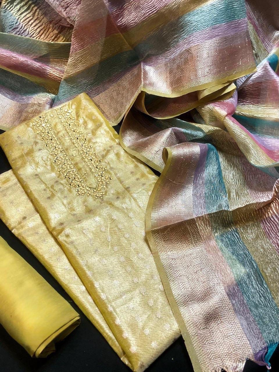 Tissue Silk With Golden Motifs and Multicolour Dupatta