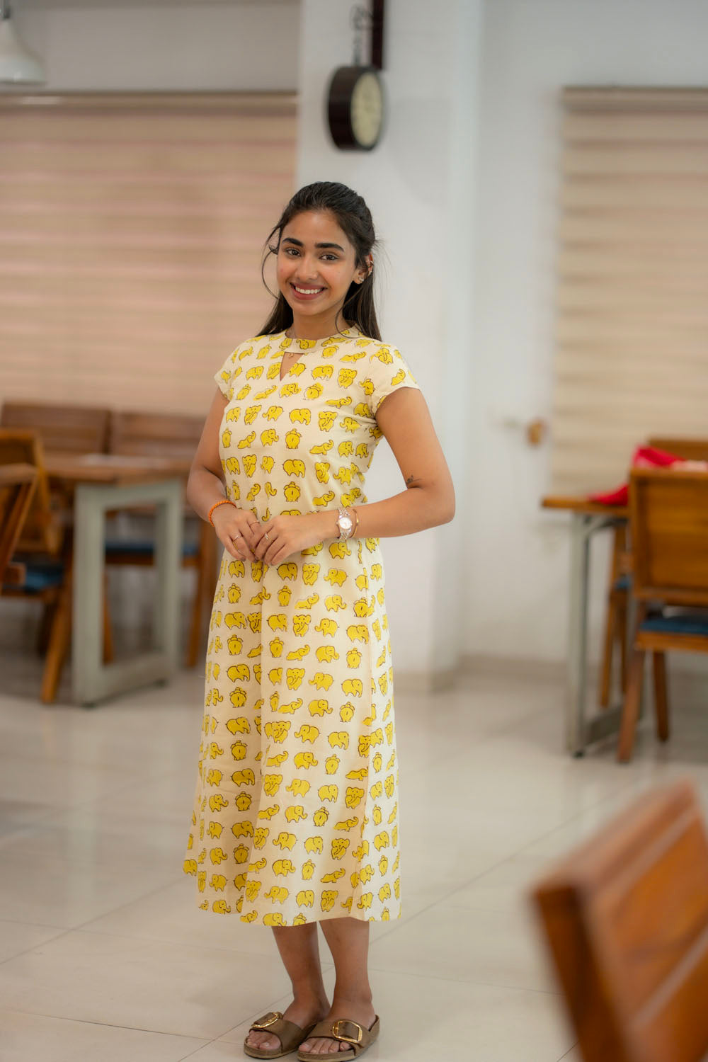 AA223 Beige Colour Yellow Elephant Print Cotton Aline Dress