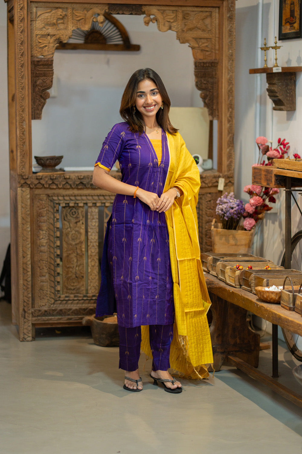 AA309 Violet Parrot Print Raw Silk Kurti & Pant  with Yellow Silk Dupatta (Neck & Sleeve Patched with Yellow Silk Fabric)