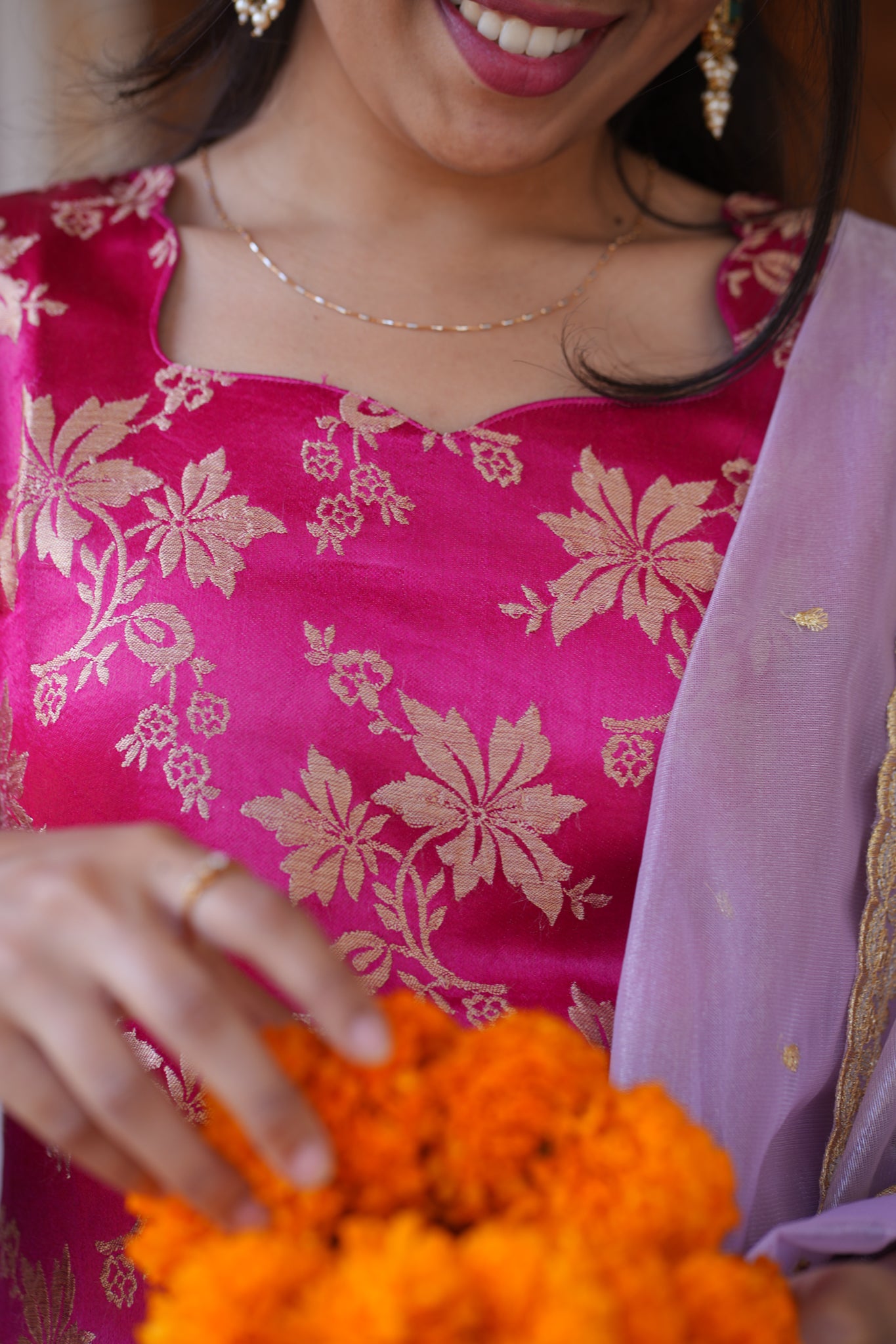 AA155 Bright Pink Brocade Silk Kurti & Pant with Lavender Organza Sequence Dupatta(3 Pc Set)